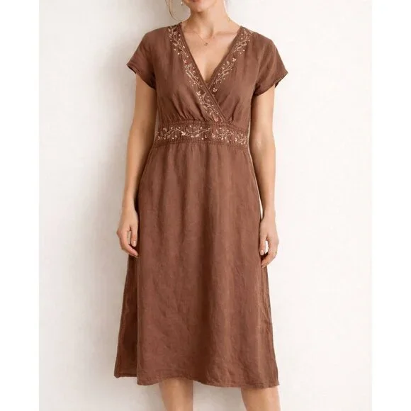 J. Jill Linen Dress Embroidered, Soft Neutral Brown With Pockets Womens Size 12 - Picture 1 of 6